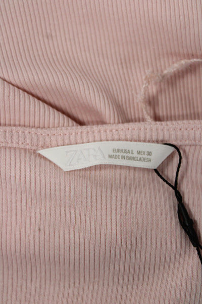 Zara Womens Basic Cotton Crew Neck Long Sleeve T-Shirt Pink Size L