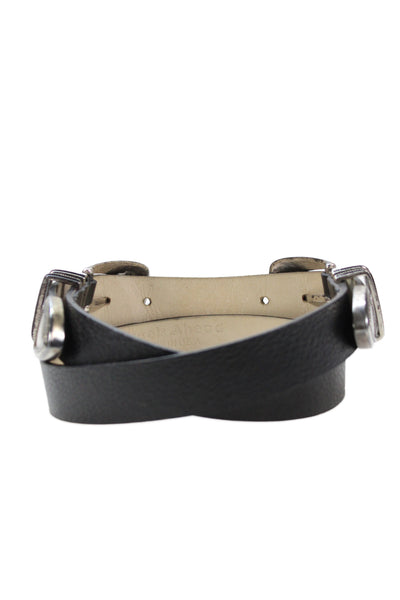 Streets Ahead Womens Leather Silver Tone Double Buckle Belt Black Size Medium
