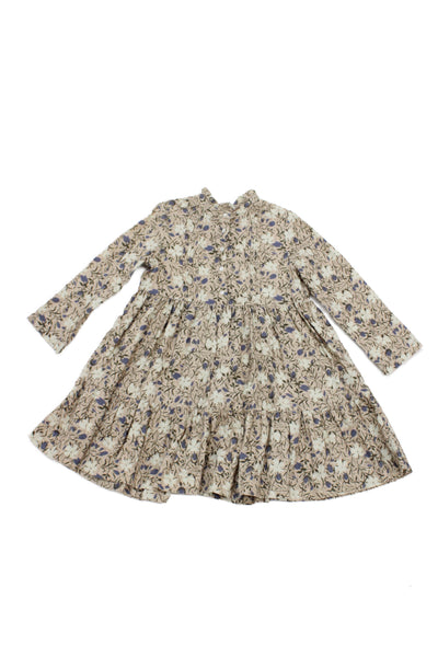 Bonpoint Girls Long Sleeve Crew Neck Floral Shift Dress Brown Blue Size 6