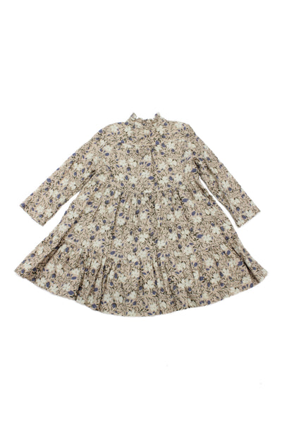 Bonpoint Girls Long Sleeve Crew Neck Floral Shift Dress Brown Blue Size 6