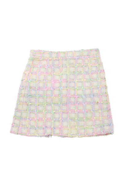 Love Shack Fancy Girls Back Zip Knee Length Tweed Skirt White Pink Size 12
