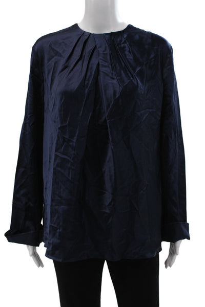 Lily Silk Women Basic Silk Long Sleeve Round Neck Blouse Blue Size L