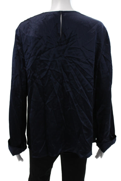 Lily Silk Women Basic Silk Long Sleeve Round Neck Blouse Blue Size L