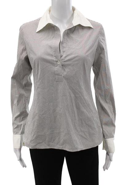 Theory Women Striped Cotton Collared Long Sleeve Blouse Gray Size S