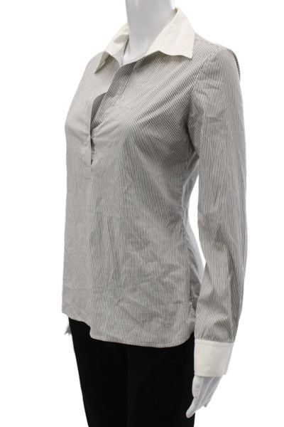 Theory Women Striped Cotton Collared Long Sleeve Blouse Gray Size S