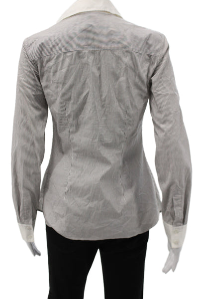 Theory Women Striped Cotton Collared Long Sleeve Blouse Gray Size S