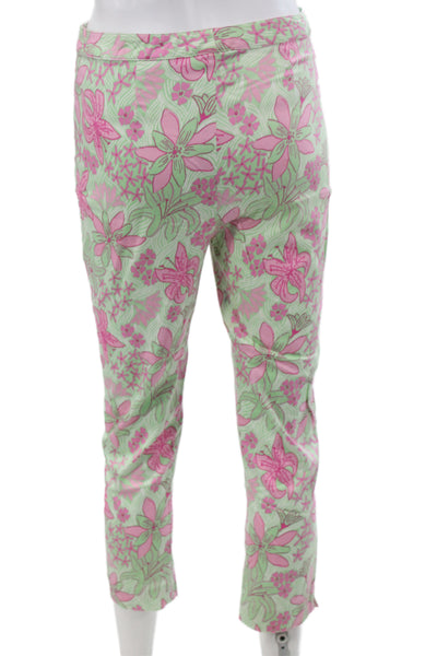Lilly Pulitzer Womens Capri Pants Floral Green Cotton Button 23in Inseam Size 4