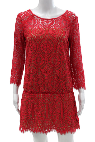 David Lerner Women Red Lace Floral Blouson Dress 3/4 Sleeve Round Neck Size S