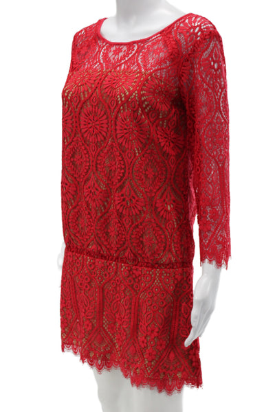 David Lerner Women Red Lace Floral Blouson Dress 3/4 Sleeve Round Neck Size S