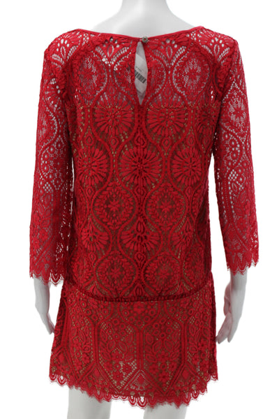 David Lerner Women Red Lace Floral Blouson Dress 3/4 Sleeve Round Neck Size S