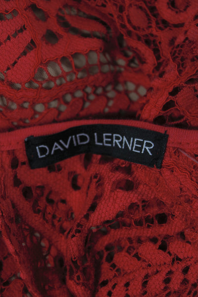 David Lerner Women Red Lace Floral Blouson Dress 3/4 Sleeve Round Neck Size S