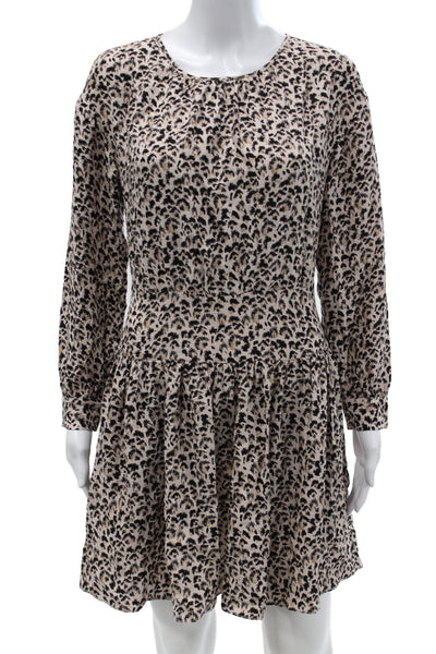 Rebecca Taylor Women Fit & Flare Leopard Silk Dress Long Sleeve Beige Size 0