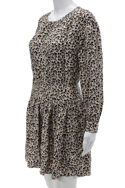 Rebecca Taylor Women Fit & Flare Leopard Silk Dress Long Sleeve Beige Size 0