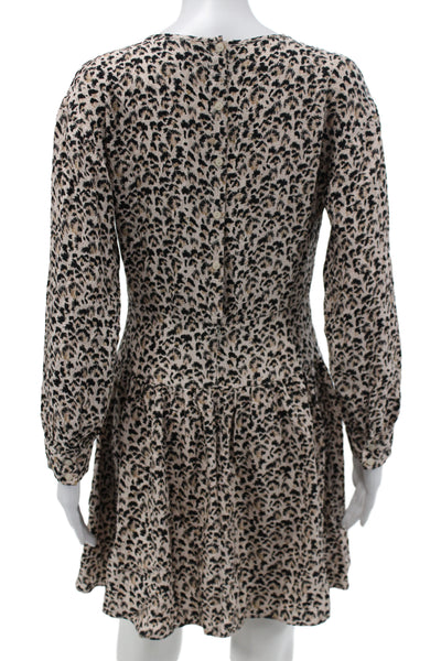 Rebecca Taylor Women Fit & Flare Leopard Silk Dress Long Sleeve Beige Size 0