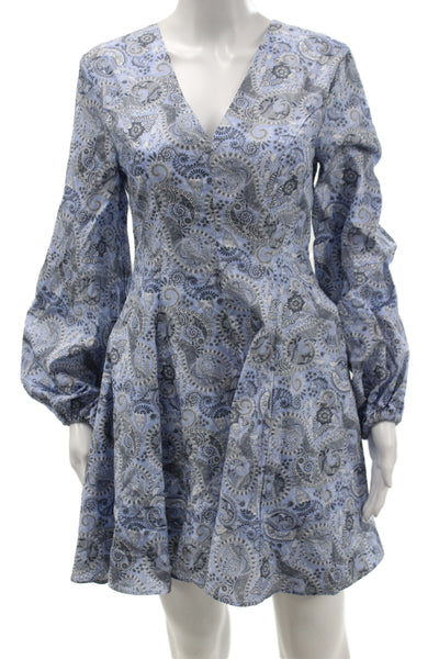 Sokee Collective Women A-Line Blue Paisley V-Neck Long Sleeve Dress Size XS