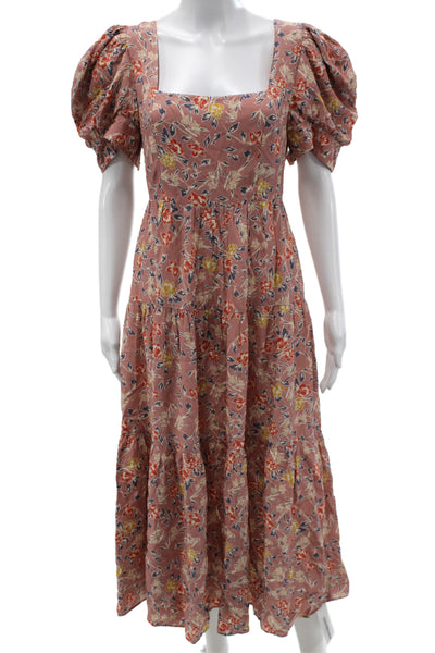 Yumi Kim Women Maxi Floral Pink Rayon Square Neck Short Sleeve Dress Size S