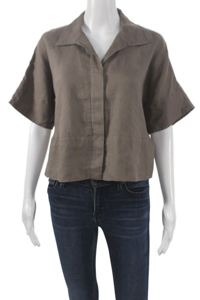 Finley Womens Cropped Linen Button Up Collared Short Sleeve Brown Top Size 2XS