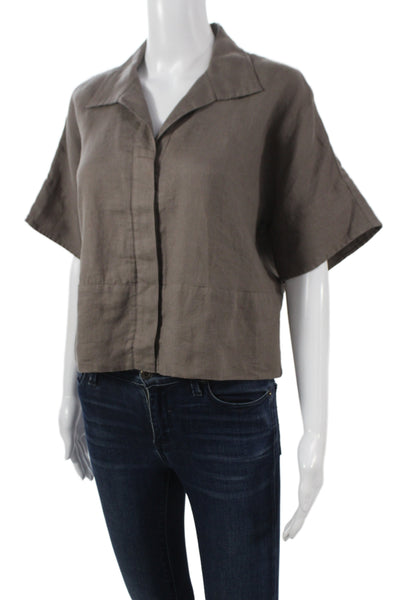 Finley Womens Cropped Linen Button Up Collared Short Sleeve Brown Top Size 2XS
