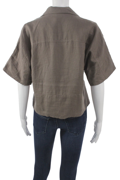 Finley Womens Cropped Linen Button Up Collared Short Sleeve Brown Top Size 2XS