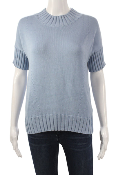 Kokun Womens Blue Cotton Mock Neck Short Sleeve Pullover Solid Spring Size XS