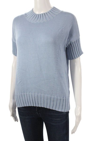 Kokun Womens Blue Cotton Mock Neck Short Sleeve Pullover Solid Spring Size XS