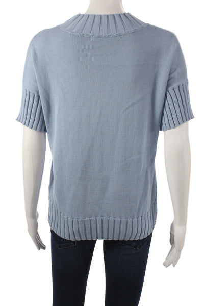 Kokun Womens Blue Cotton Mock Neck Short Sleeve Pullover Solid Spring Size XS