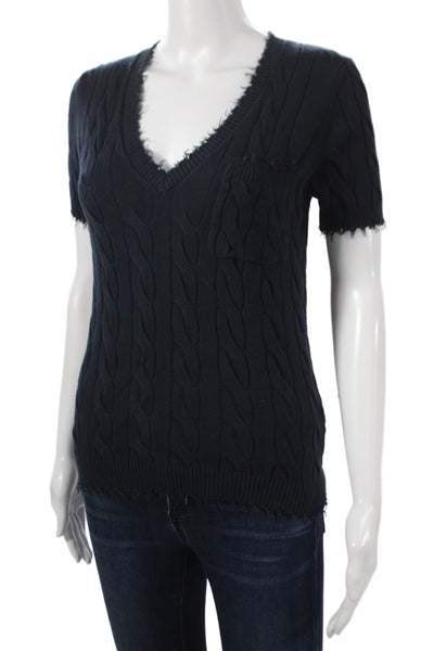 Minnie Rose Women Pullover Sweater V-Neck Cotton Short Sleeve Blue Size XS