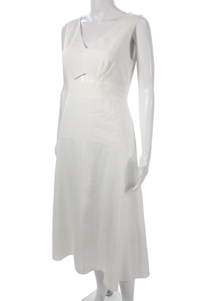 Theory Womens A-Line Linen Dress V-Neck Sleeveless Knee Length White Zip Size 2
