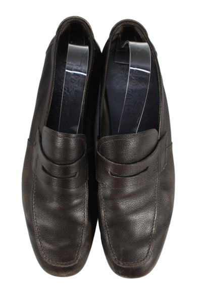 Salvatore Ferragamo Mens Slip On Round Toe Grain Leather Loafers Brown Size 11