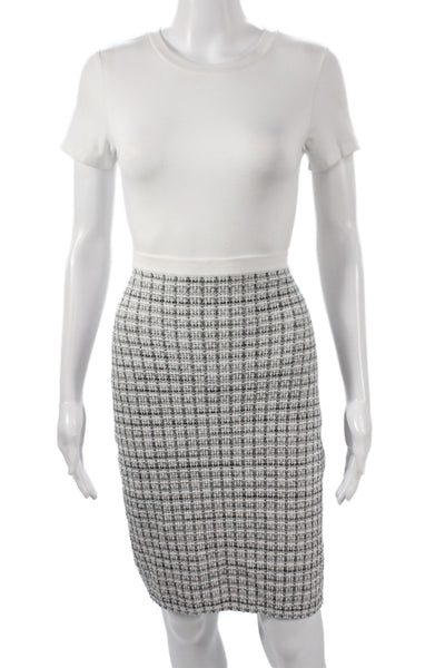 Karl Lagerfeld Women Sweater Dress White Plaid Crew Short Sleeve Knee Size S