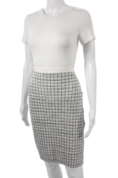 Karl Lagerfeld Women Sweater Dress White Plaid Crew Short Sleeve Knee Size S