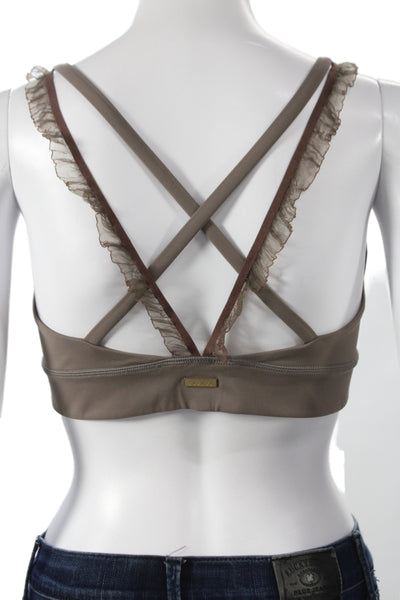 ALALA Womens Sports Bra Brown Scoop Neck Nylon Blend Ruffle Size S
