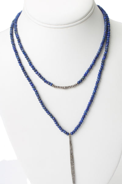 Designer Womens 925 Silver Lapis Bead Long Diamond Pendant Necklace 35" 24.3g