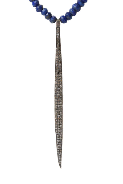 Designer Womens 925 Silver Lapis Bead Long Diamond Pendant Necklace 35" 24.3g