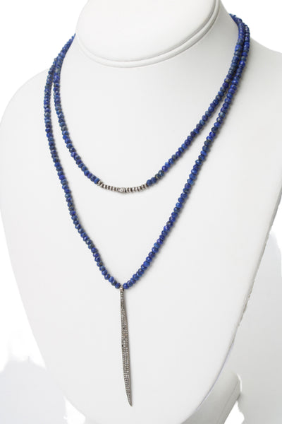 Designer Womens 925 Silver Lapis Bead Long Diamond Pendant Necklace 35" 24.3g