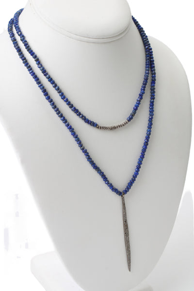 Designer Womens 925 Silver Lapis Bead Long Diamond Pendant Necklace 35" 24.3g