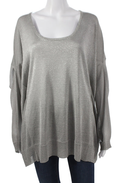 Escada Womens Metallic Scoop Neck Pullover Sweater Silver Long Sleeve Size M