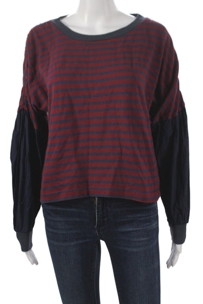 Kinly Women Basic Red Cotton Striped Round Neck Long Sleeve T-Shirt Size XS