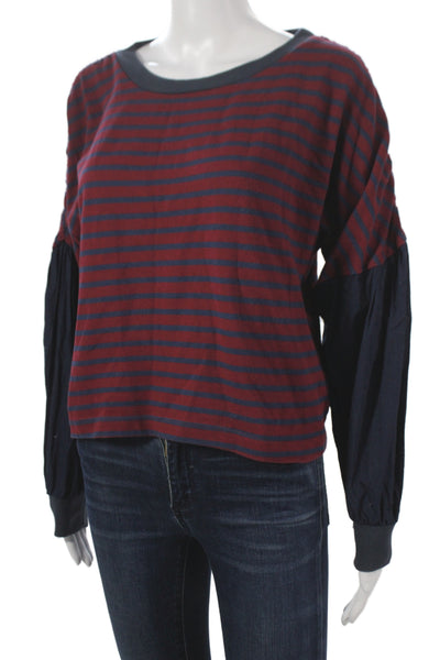 Kinly Women Basic Red Cotton Striped Round Neck Long Sleeve T-Shirt Size XS