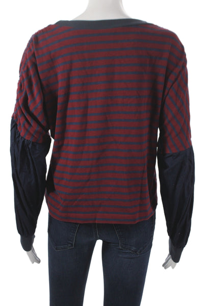 Kinly Women Basic Red Cotton Striped Round Neck Long Sleeve T-Shirt Size XS