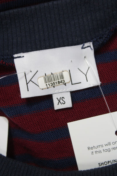 Kinly Women Basic Red Cotton Striped Round Neck Long Sleeve T-Shirt Size XS