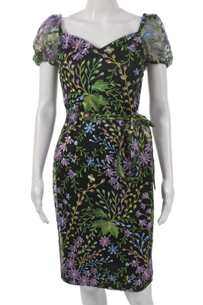 kensie Womens Sheath Dress Black Sweetheart Short Sleeve Floral Nylon Size 2