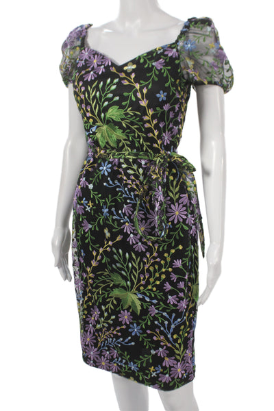 kensie Womens Sheath Dress Black Sweetheart Short Sleeve Floral Nylon Size 2