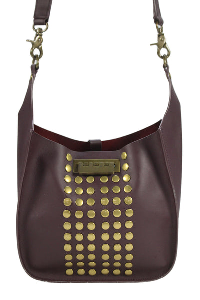 Zac Posen Womens Leather Studded Dotted Crossbody Handbag Burgundy