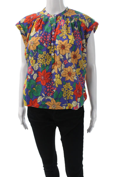 Mother Womens Basic Floral Henley Button Cotton Blouse Short Sleeve Size XS