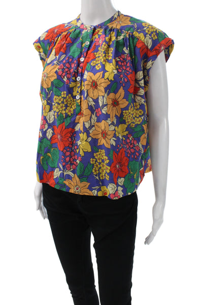 Mother Womens Basic Floral Henley Button Cotton Blouse Short Sleeve Size XS