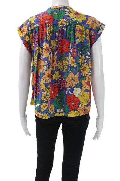 Mother Womens Basic Floral Henley Button Cotton Blouse Short Sleeve Size XS