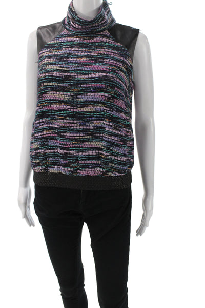 Milly Women Basic Tweed Striped Turtleneck Sleeveless Tank Zip Multicolor Size 0