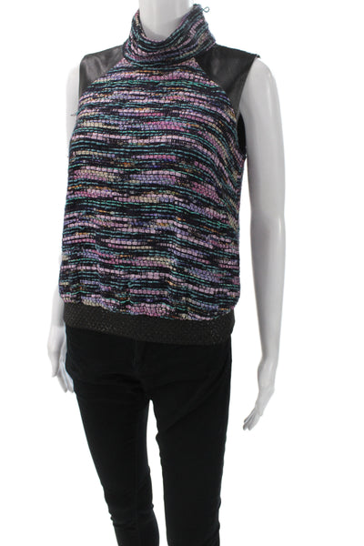 Milly Women Basic Tweed Striped Turtleneck Sleeveless Tank Zip Multicolor Size 0