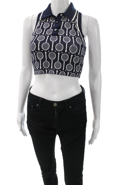 Tory Burch Womens Cropped Tennis Polo Blue Collared Sleeveless Viscose Size XS
